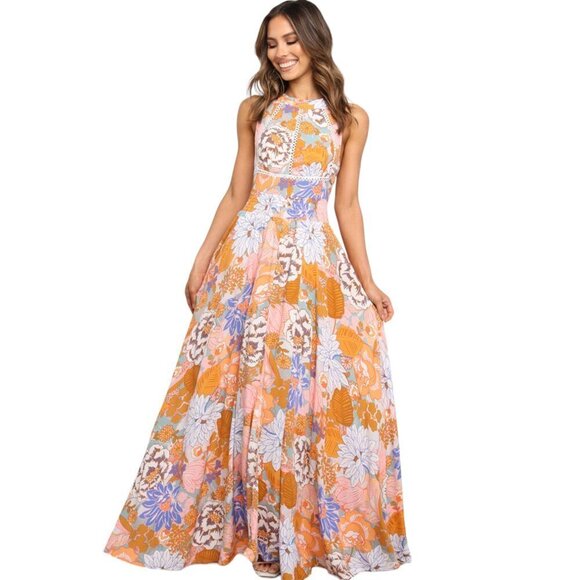 Orange Boho Floral Backless Lace up Sleeveless Maxi Dress w/Pockets! - Picture 2 of 15